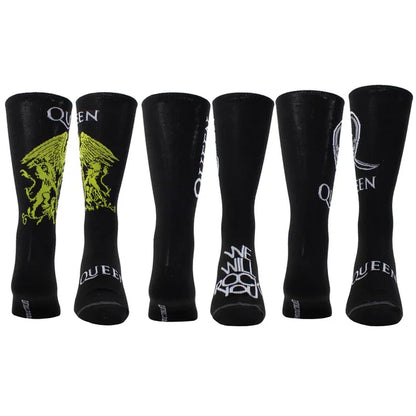 Perri's Queen guitar-themed tin sock box with three pairs of colorful, musical-inspired socks displayed inside.