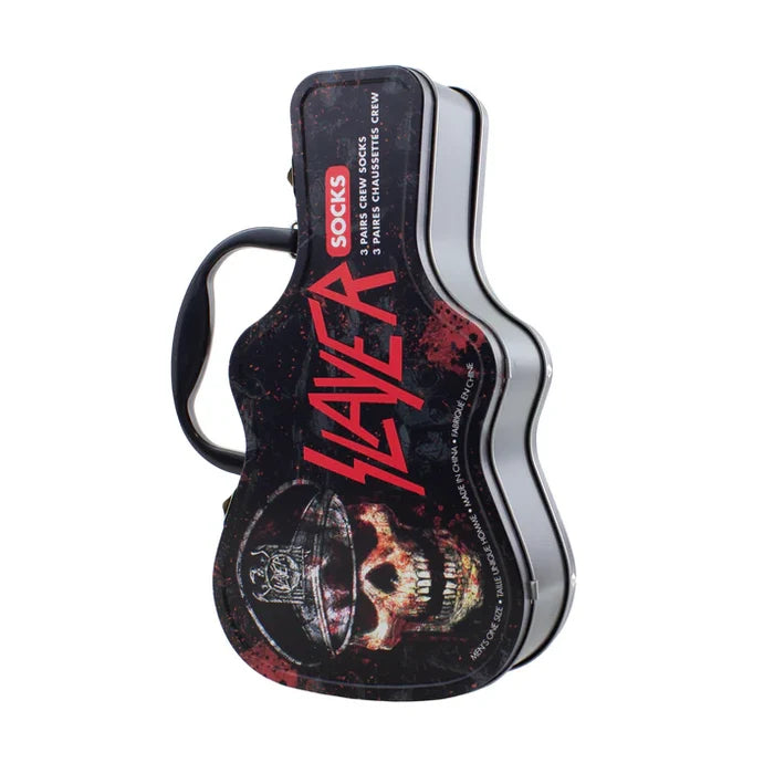 Three pairs of Perri's Slayer guitar-themed socks in a tin sock box, featuring bold black and white guitar graphic designs.