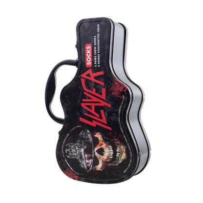 Three pairs of Perri's Slayer guitar-themed socks in a tin sock box, featuring bold black and white guitar graphic designs.