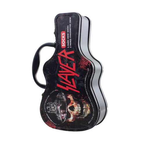 Three pairs of Perri's Slayer guitar-themed socks in a tin sock box, featuring bold black and white guitar graphic designs.