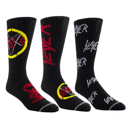 Perri's Slayer guitar-themed sock box with three pairs of black and white socks featuring Slayer band graphics and logo.