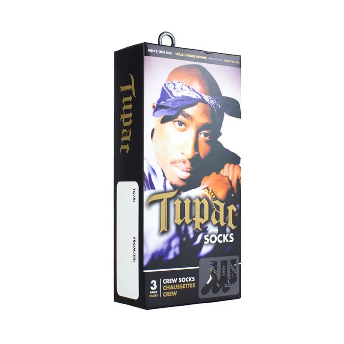 Perri's Tupac gift sock box with three pairs of colorful socks featuring Tupac-themed designs and patterns.