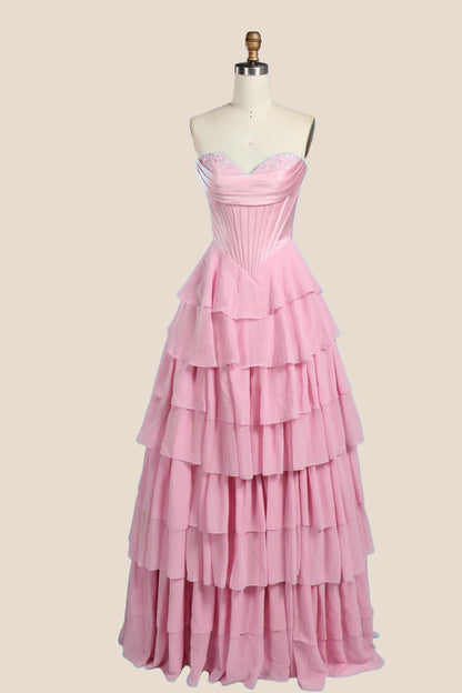 Pink Corset Chiffon Tiered Formal Gown