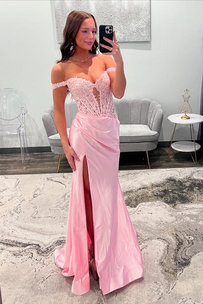 Off Shoulder Sage Appliques Long Dress with Slit