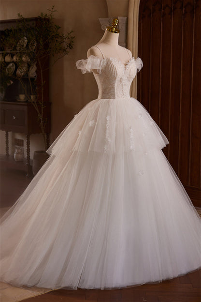 Off the Shoulder Ivory Appliques Tiered Ball Gown