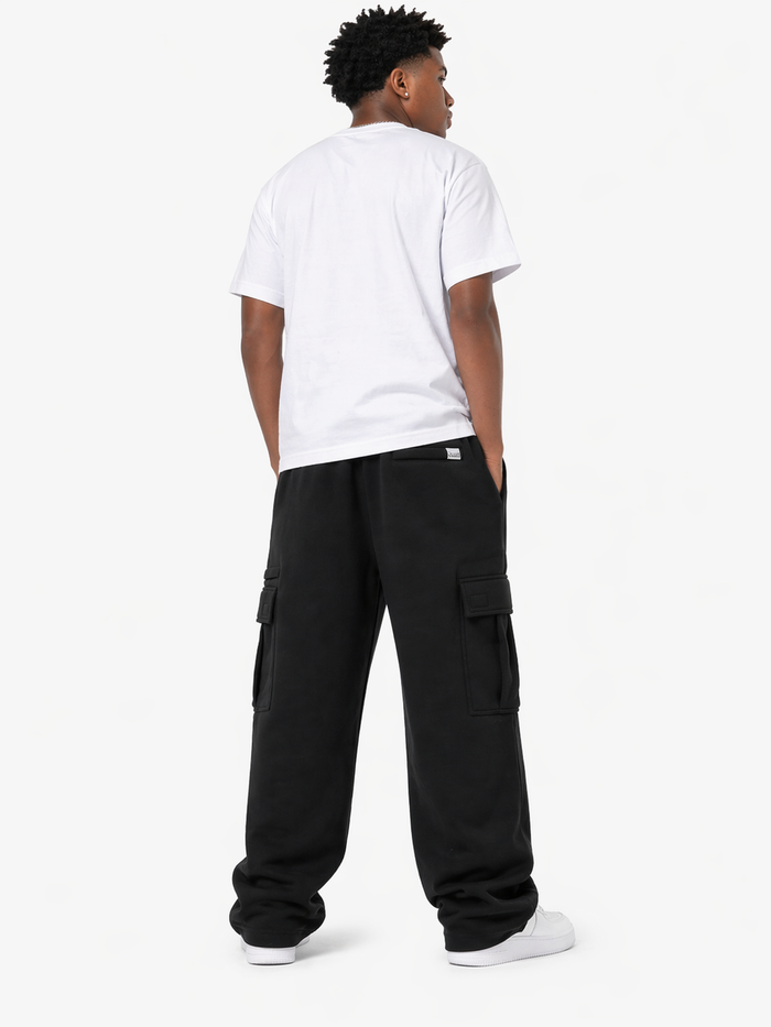 Black PRO CLUB heavy fleece cargo sweatpants with side pockets and elastic cuffs, casual long pants for comfort.