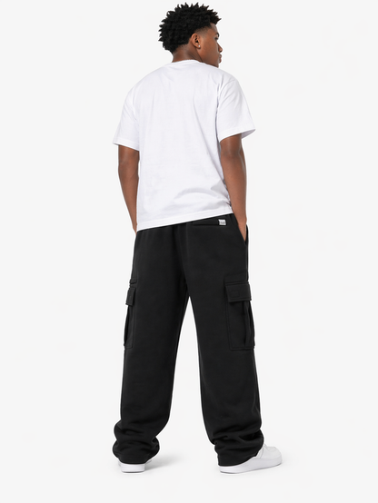 Black PRO CLUB heavy fleece cargo sweatpants with side pockets and elastic cuffs, casual long pants for comfort.