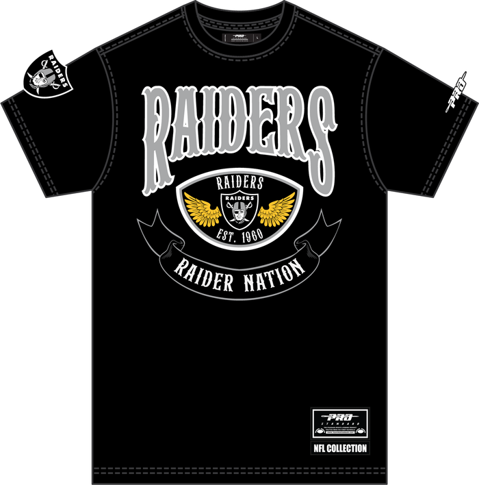 Black Pro Standard Las Vegas Raiders "Born for Sports" T-shirt with Raiders logo and graphic print, casual athletic style.