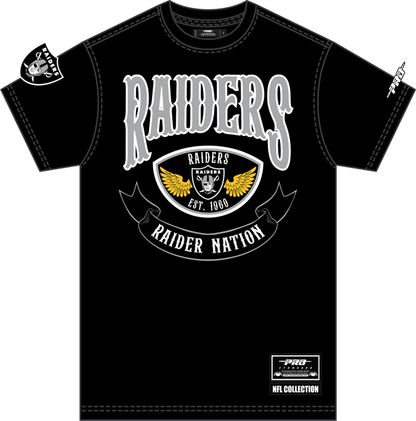 Black Pro Standard Las Vegas Raiders "Born for Sports" T-shirt with Raiders logo and graphic print, casual athletic style.