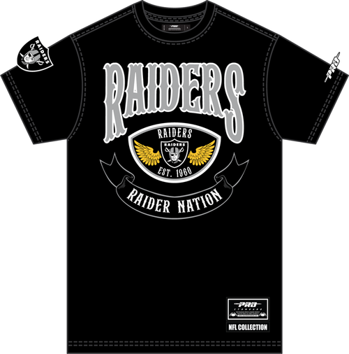 Black Pro Standard Las Vegas Raiders "Born for Sports" T-shirt with Raiders logo and graphic print, casual athletic style.