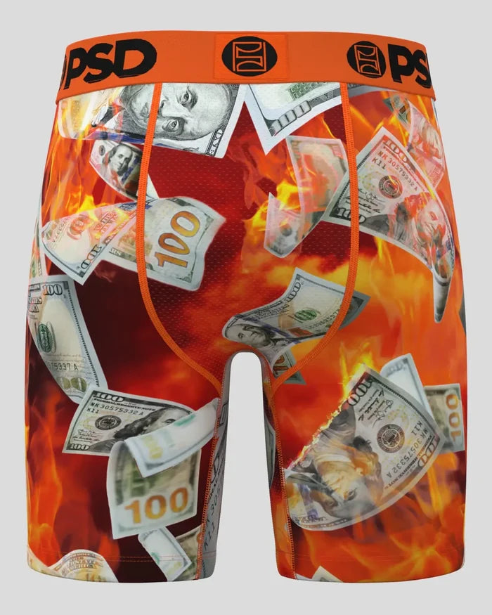PSD Burning Benjis boxers with colorful dollar bill design, comfortable men's underwear from PSD Underwear, multi-colored print