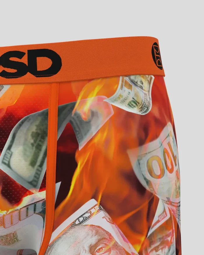 PSD Burning Benjis boxers in multi-color with dollar bill graphics, comfortable men's underwear from PSD Underwear.