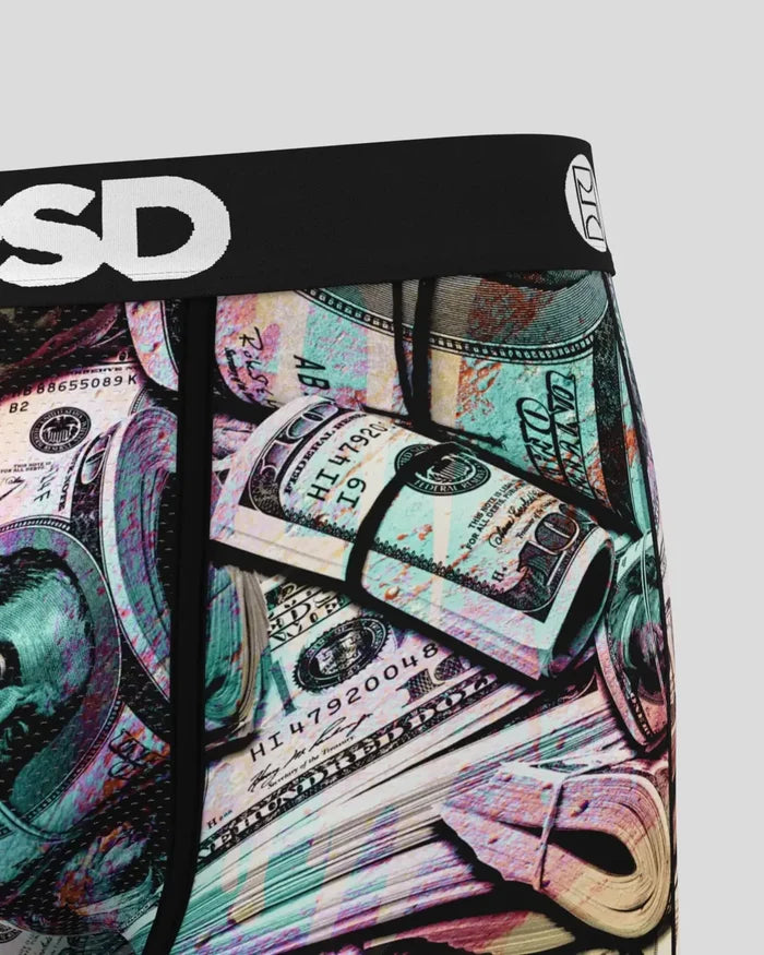 PSD Money Chalk Boxers, multi-colored men's underwear with bold money-themed print, designed for comfort and style.