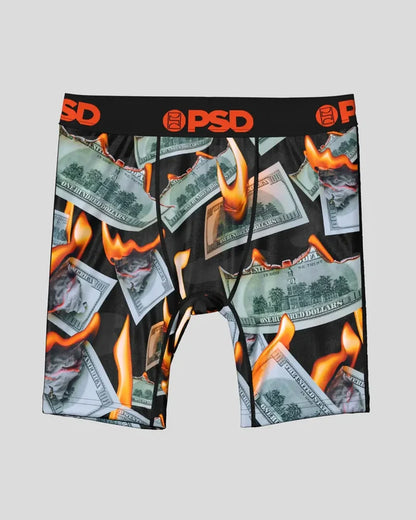 PSD Youth Fire Stacks boxers, colorful men's underwear with bold fire stack design, in a multi-color pattern.