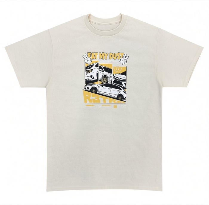 Beige R3TRO WORLD "Eat My Dust" T-shirt featuring bold graphic design, casual fit, and soft fabric for everyday wear.