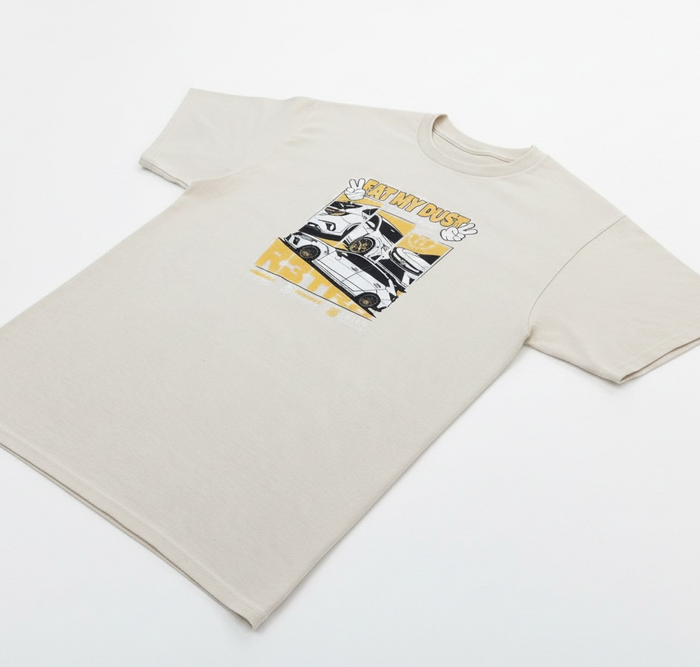 Beige R3TRO WORLD 'Eat My Dust' T-shirt featuring bold printed design, casual fit, and soft fabric for everyday wear.