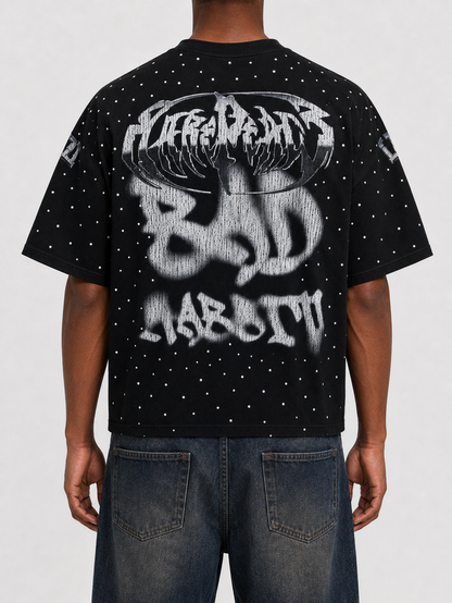 Black Rare Peace Bad Habits oversized rhinestone cropped T-shirt, shown from the back with fitted style and decorative rhinestone details.