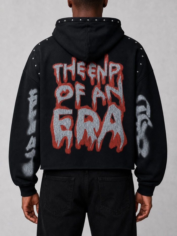 Black RARE PEACE 'Bad' oversized cropped hoodie with rhinestone embellishments, featuring a relaxed fit and bold style.
