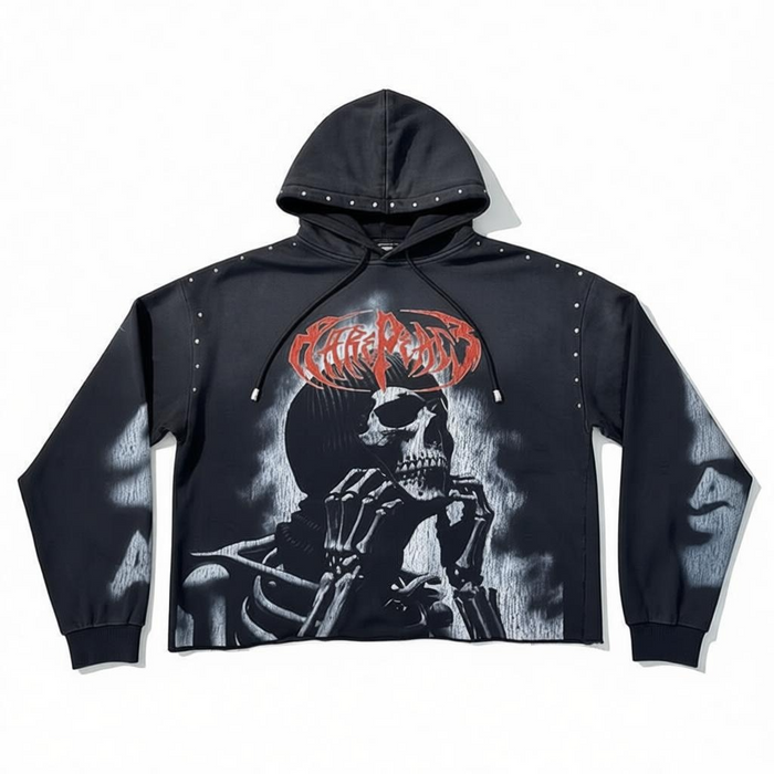 Black oversized cropped hoodie by Rare Peace with rhinestone embellishments and "Bad" design on the front.