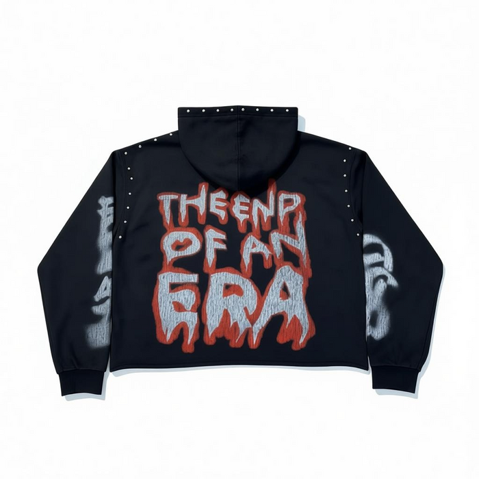Black RARE PEACE Bad oversized cropped hoodie with rhinestone embellishments, featuring bold graphic design and relaxed fit.