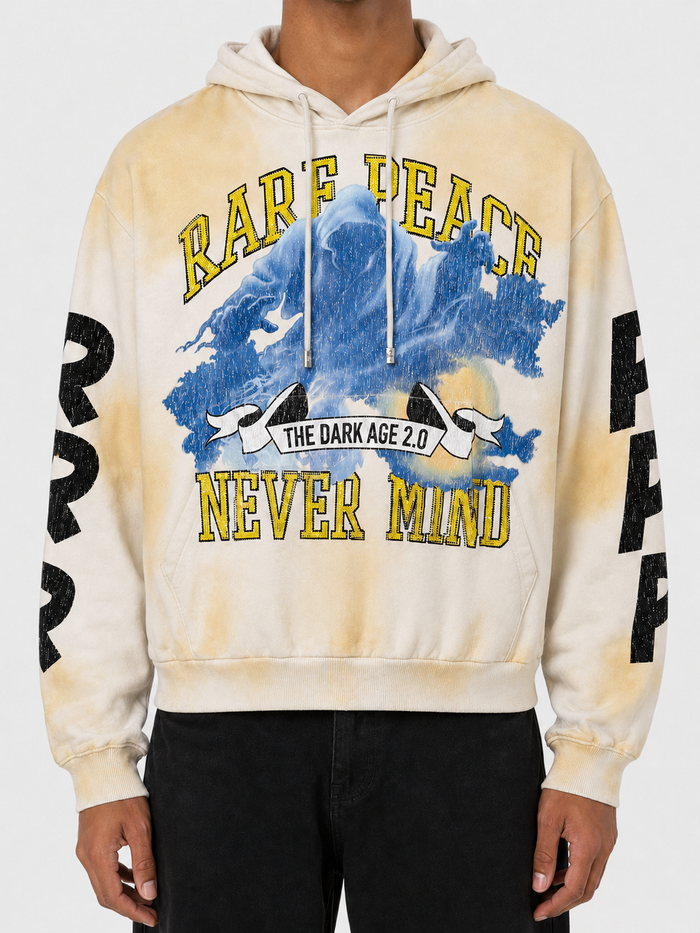 Rare Peace oversized ecru hoodie with rhinestone 'Never Mind' graphic, cropped fit, stylish and bold streetwear look.