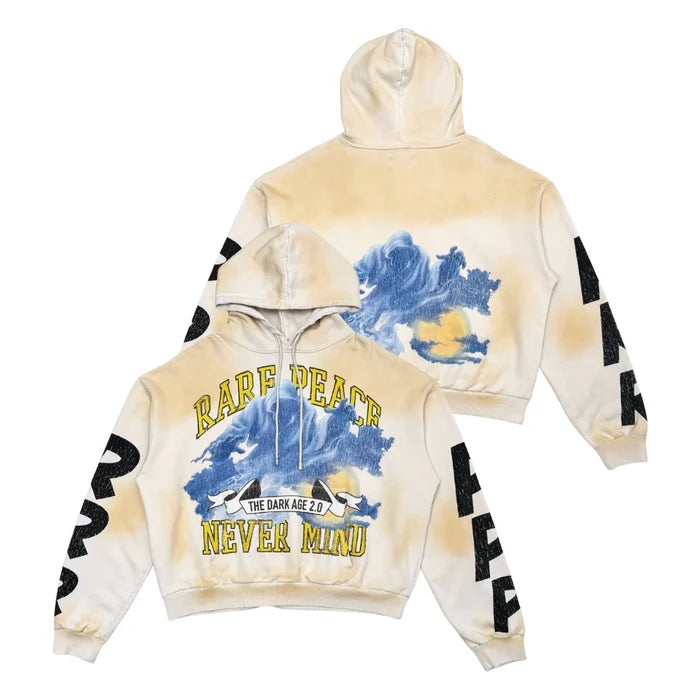 Rare Peace 'Never Mind' oversized rhinestone cropped hoodie in ecru, featuring bold rhinestone lettering on the front.