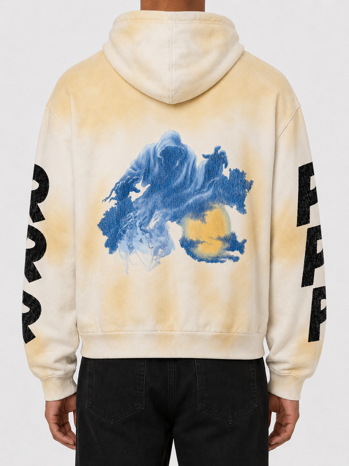 Ecru oversized rhinestone cropped hoodie from Rare Peace with "Never Mind" design, featuring bold embellishments and relaxed fit.