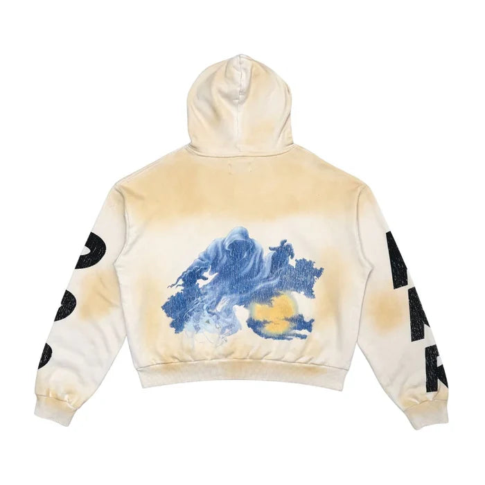 Rare Peace 'Never Mind' oversized rhinestone cropped hoodie in ecru, featuring bold rhinestone details and casual fit.