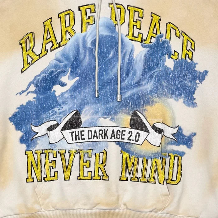 Rare Peace 'Never Mind' oversized ecru rhinestone cropped hoodie with bold graphic print and relaxed fit.