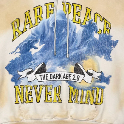 Rare Peace 'Never Mind' oversized ecru rhinestone cropped hoodie with bold graphic print and relaxed fit.