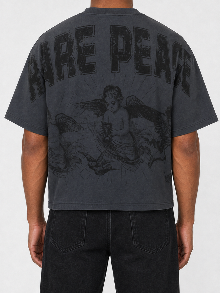 Dark grey RARE PEACE No Faith oversized rhinestone cropped T-shirt with bold graphic design and relaxed fit.