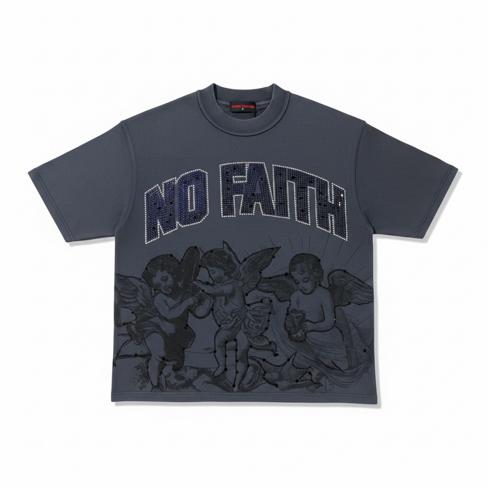 Dark grey RARE PEACE oversized T-shirt with rhinestone "No Faith" graphic, cropped fit, and relaxed style.