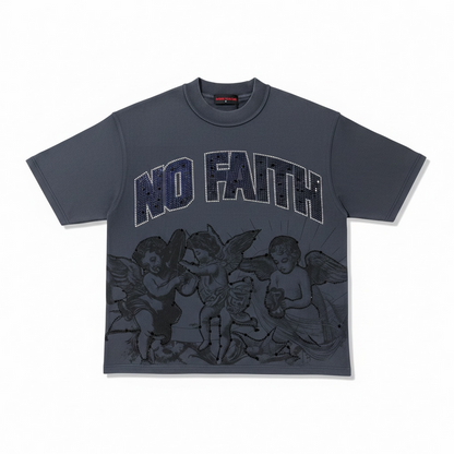 Dark grey RARE PEACE oversized T-shirt with rhinestone "No Faith" graphic, cropped fit, and relaxed style.