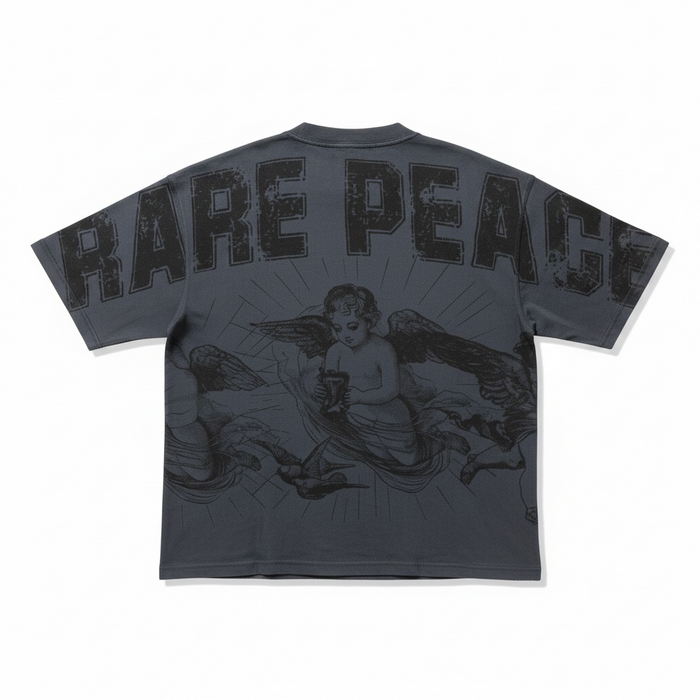 Rare Peace 'No Faith' oversized dark grey rhinestone cropped T-shirt with bold graphic design and relaxed fit.