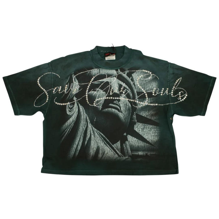 Rare Peace oversized pine green T-shirt with rhinestone "Save Our Souls" graphic, cropped style, casual streetwear look.