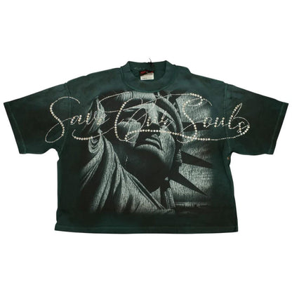 Rare Peace oversized pine green T-shirt with rhinestone "Save Our Souls" graphic, cropped style, casual streetwear look.