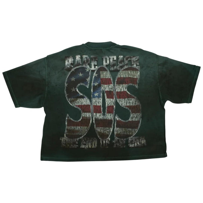 Rare Peace 'Save Our Souls' oversized rhinestone crop T-shirt in pine green, featuring bold graphic design and rhinestone details.