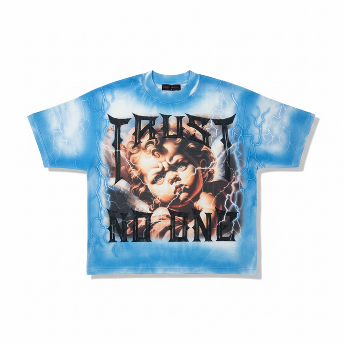 Rare Peace oversized ecru T-shirt with "Trust No One" rhinestone design, cropped style, casual streetwear look