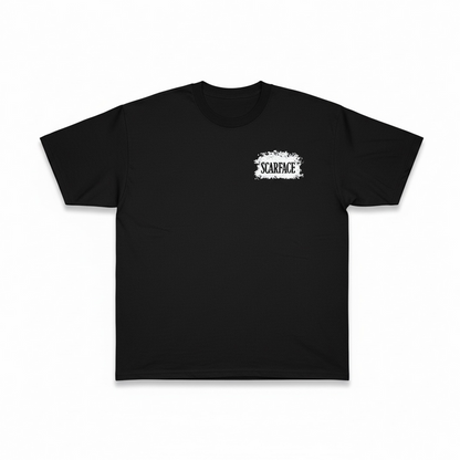 Black Reason Scarface MPR T-shirt with graphic design, casual fit, and round neckline, front view.