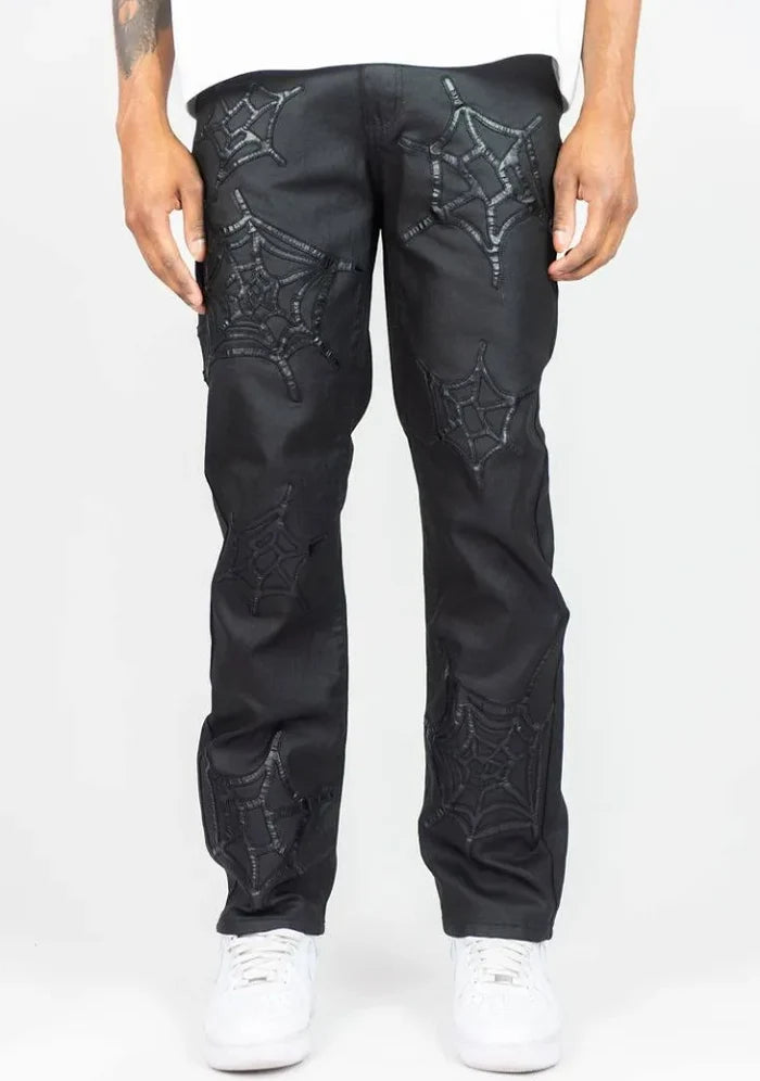 Rebel Denim Webstar wax black denim jeans with classic fit and stitching, shown in a front view.