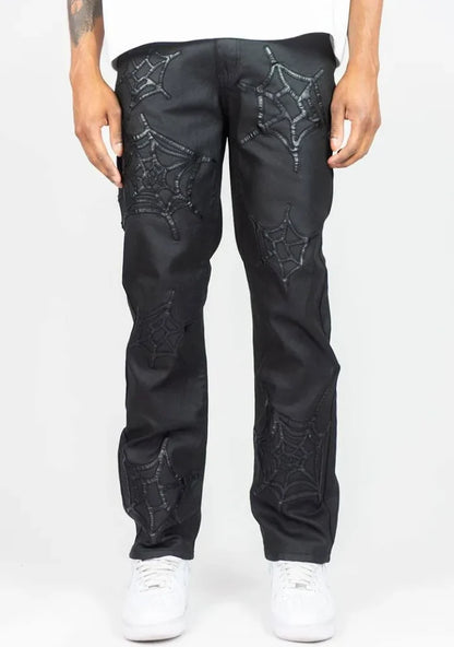 Rebel Denim Webstar wax black denim jeans with classic fit and stitching, shown in a front view.