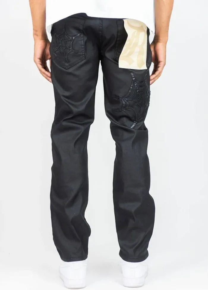 Rebel Denim Webstar Wax Black denim jeans, showcasing the dark black wash and classic fit on a model.