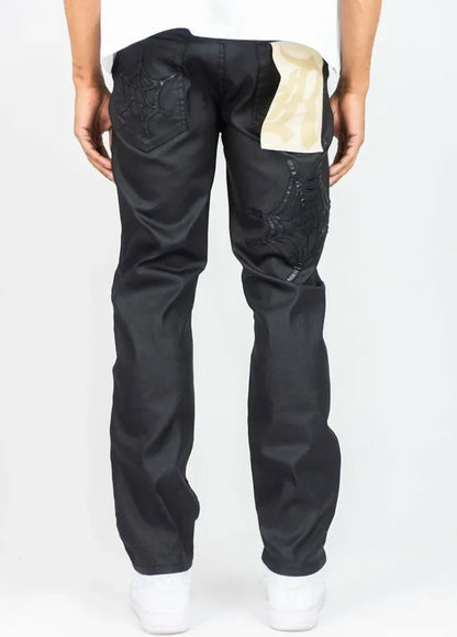Rebel Denim Webstar Wax Black denim jeans, showcasing the dark black wash and classic fit on a model.