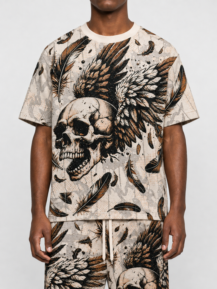 Cream Rebel Minds Conquer Rhinestone Tapestry T-Shirt with bold graphic design and rhinestone accents, casual fit for everyday wear