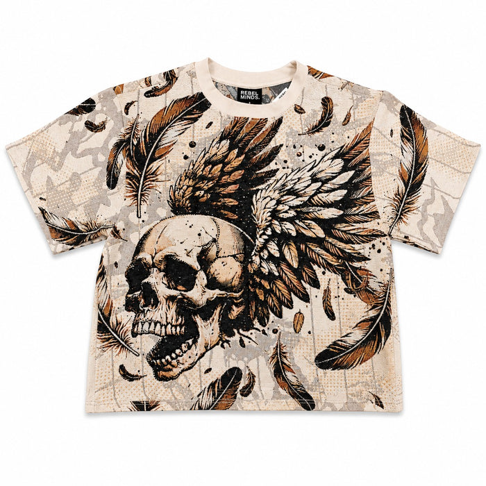 Cream Rebel Minds Conquer Rhinestone Tapestry T-Shirt with winged skull design, casual fit, and detailed embellishments.