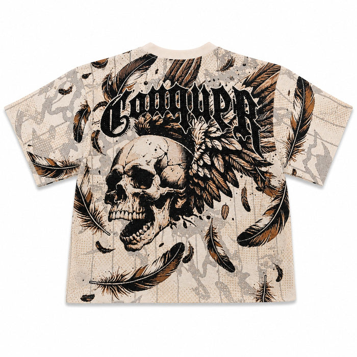 Rebel Minds cream Conquer Rhinestone Tapestry Skull T-shirt featuring detailed skull artwork on soft cotton fabric.