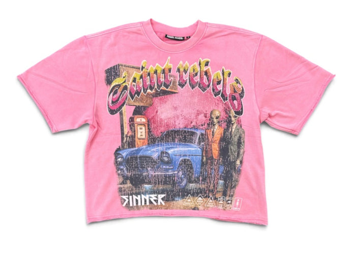 Rebel Minds 'Gas Station' Rhinestone Cropped T-Shirt in Pink