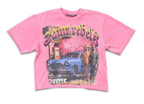 Rebel Minds 'Gas Station' Rhinestone Cropped T-Shirt in Pink