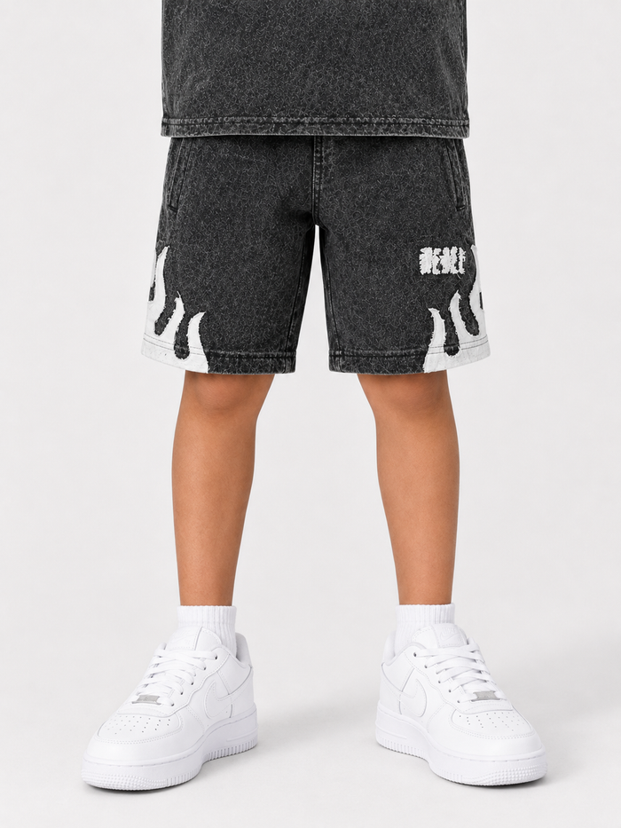 Kids' Rebel Minds Rebel Flame shorts in light grey with a vibrant flame design, made for comfortable casual wear.