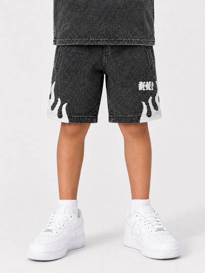 Kids' Rebel Minds Rebel Flame shorts in light grey with a vibrant flame design, made for comfortable casual wear.